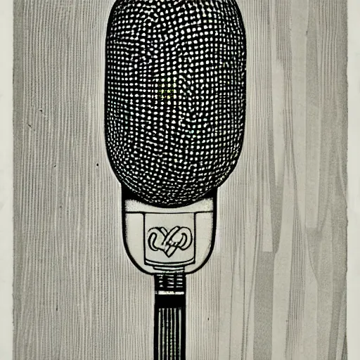 Prompt: microphone, white background, black and white, woodcut, beardsley, aubrey, crepax, guido, moholy - nagy, laszlo, bauhaus, walter gropius, josef albers, oskar schlemmer