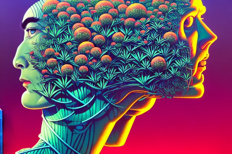 Image similar to gigantic robot head, a lot of exotic vegetation, trees, flowers by moebius, junji ito, tristan eaton, victo ngai, artgerm, rhads, ross draws, hyperrealism, intricate detailed, risograph