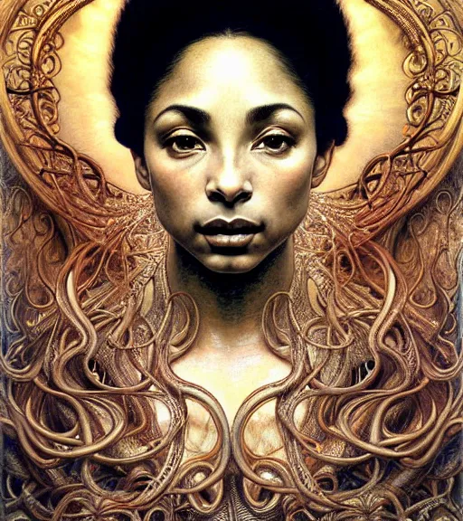 Prompt: detailed realistic beautiful young sade adu face portrait by jean delville, gustave dore and marco mazzoni, art nouveau, symbolist, visionary, baroque, intricate fractal. horizontal symmetry by zdzisław beksinski, iris van herpen, raymond swanland and alphonse mucha. highly detailed, hyper - real, beautiful