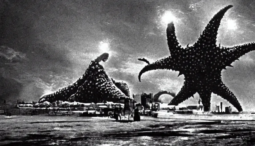 Prompt: a filmstill of the movie Pulgasari by Shin Sang-ok and Kim Jong-il, a giant kaiju starfish destroying a korean palace, cinematography by Akira Kurosawa