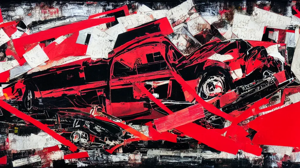 Prompt: lowrider crash test, collage paper and tape, black and red oil, acrylic on canvas, expressionism, high resolution, cinematic, unreal 6 breathtaking detailed, by blake neubert