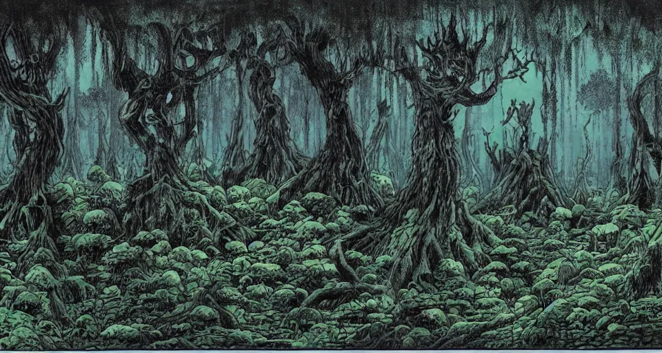 Image similar to A dense and dark enchanted forest with a swamp, by Akira Toriyama