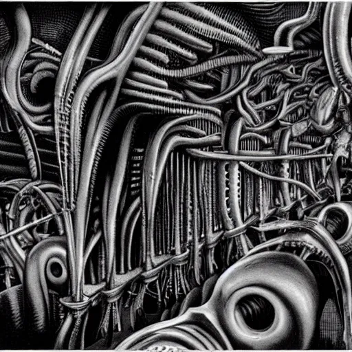 Prompt: biomechanical industrial factory made to chew objects, biomechanical machine made of teeth, disturbing biohorror artwork print, by hr giger!!!