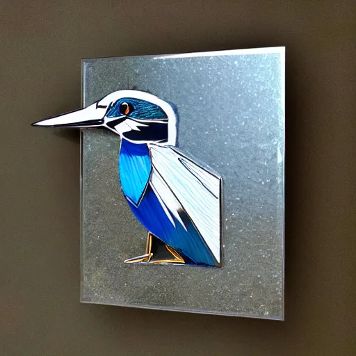 Image similar to wall art of a real life kingfisher made out of reflective crystal and very reflective polished metal, in the background is a forest, product photography