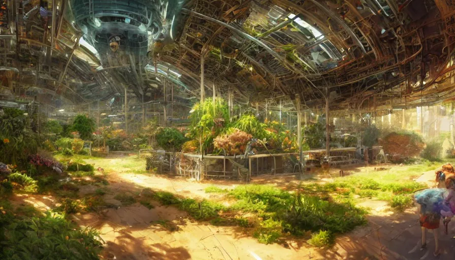 Image similar to craig mullins and ghibli digital illustration vertical farms and hydroponics under a force field dome, colorful, unreal engine, hyper realism, realistic shading, cinematic composition, realistic render, octane render, detailed textures, photorealistic, wide shot