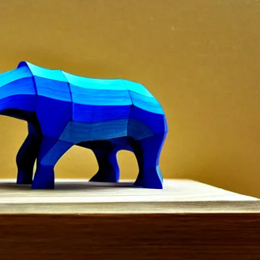 Image similar to a beautiful!!!!! minimalist curvy shaped small sculpture of hippopotamus!!!, ( ( wood ) ) and ( ( blue epoxy ) ), cubic blocks mix stripes cuts, side view profile centered