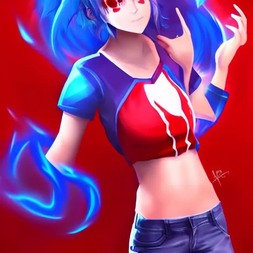 Image similar to Splash art, little anime girl league of legends style with a white t-shirt, red sleeves and regular blue jeans, has fire powers, her hair is made out of fire, her hands are on fire powerfull character, trending on artstation