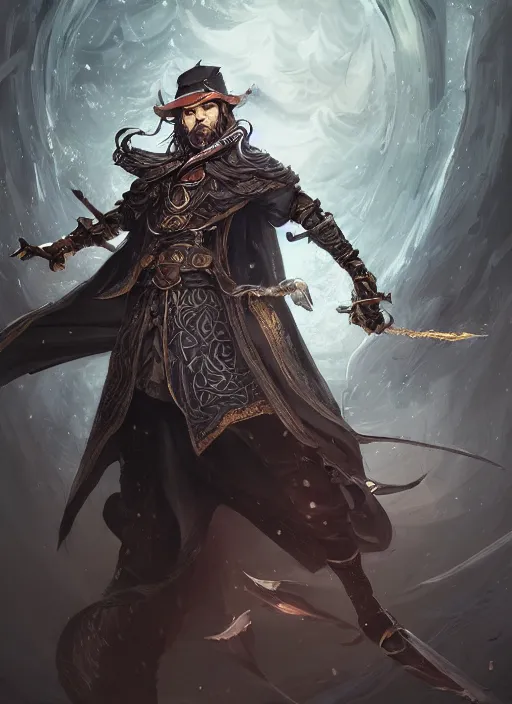 Prompt: a highly detailed illustration of Hiroyuki Sanada as wizard wearing black robe and mage hat, heroic magic floating pose, intricate, elegant, highly detailed, centered, digital painting, artstation, concept art, smooth, sharp focus, league of legends concept art, WLOP