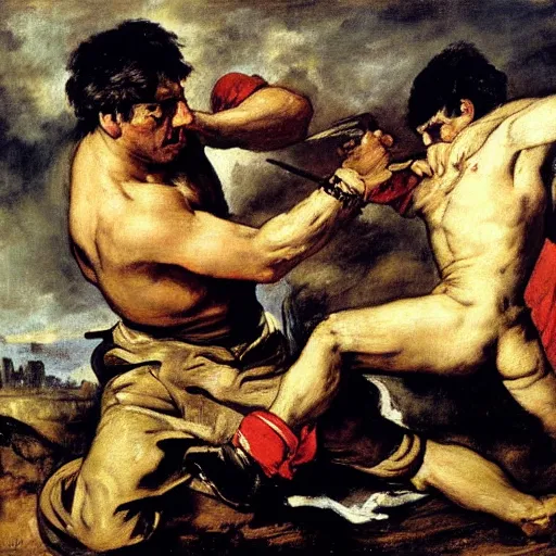 Prompt: Eugène Delacroix painting of Joe Biden and Donald Trump fighting