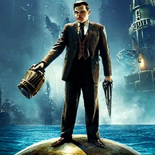 Image similar to movie poster depicting andrew ryan, portrayed by leonardo dicaprio, in a new live - action bioshock movie, the underwater city of rapture is also present