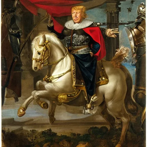 Prompt: donald trump, donald trump, wearing knight ’ s armor, holding a spectacular broadsword, by annibale carracci, two arms, two legs, donald trump ’ s face, donald trump, symmetrical face, highly detailed face, perfect face