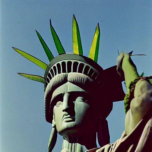 Image similar to kodachrome photo of the statue of liberty as a native indian with headdress, coper cladding