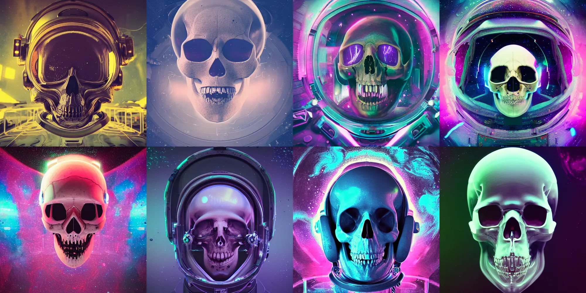 Prompt: astronaut skull, cosmic horror, abstract, ghostly, arcade, duotone, poltergeist, epic lighting, intricate, elegant, highly detailed, smooth, sharp focus, unreal engine 5, raytracing, in the style of beeple and mike winkelmann, ultraviolet colors,