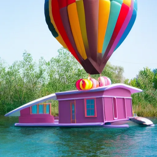 Image similar to floating house inspired by movie up, held by ballons in the air