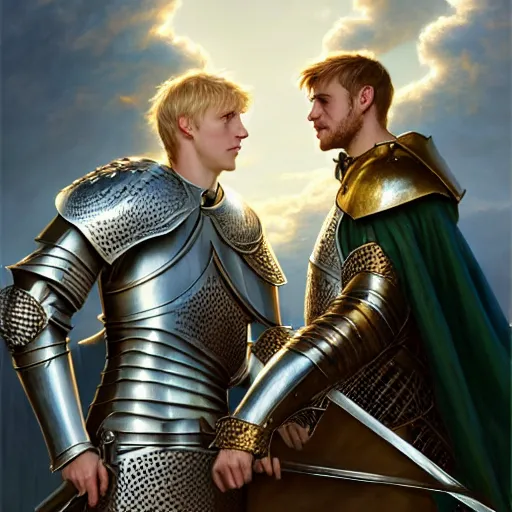 Image similar to attractive arthur pendragon and his favourite attractive male knight, they are in love, camelot, natural lighting, path traced, highly detailed, high quality, digital painting, by gaston bussiere and ross tran and j. c. leyendecker