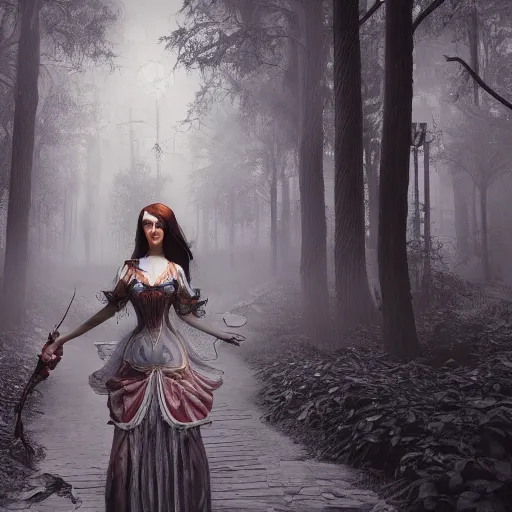 Image similar to realistic artnouveau style american mcgee's alice mysterious portrait madness returns layers of fear style in a foggy twisted forestsharp focus very detailed 8 k cinematic