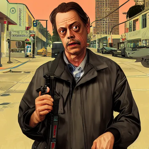 Prompt: steve buscemi in gta v, cover art by stephen bliss, artstation, no text