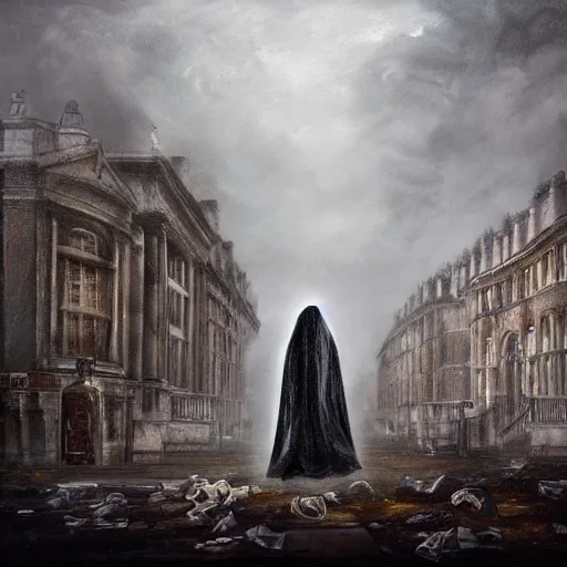 Image similar to ominous bedsheet ghost walking through the center of a destroyed london city, oil painting, gloomy misty atmosphere, symmetrical, full body image, highly ornate intricate details, very sharp photo,