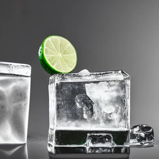 Prompt: a portrait of an ice cube next to a lime-slice, dark background, intense, incredibly detailed, studio, 85mm Sigma Art lens