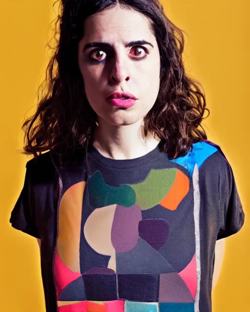 Prompt: hila klein from h 3 h 3, wearing an oufit made from stainless steel, weird expressionist pose, modern fashion, half body shot, photo by greg rutkowski, female beauty, f / 2 0, symmetrical face, warm colors, depth of field