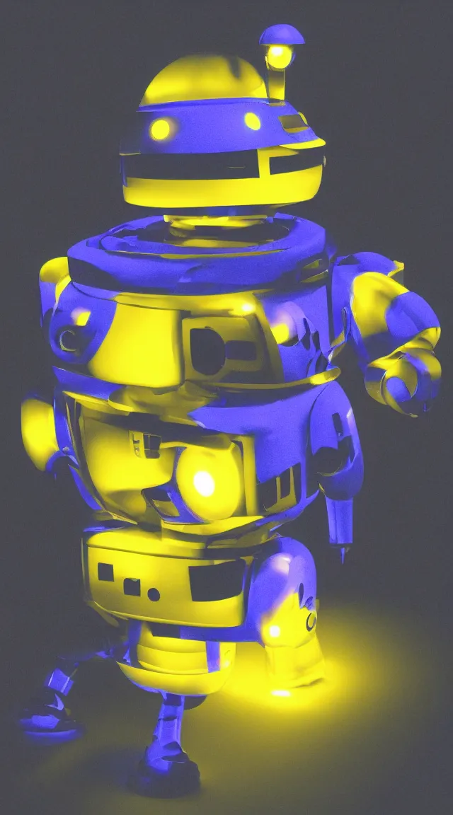 Image similar to tiny robot in the dark, hrd, hyperrealistic, hyper detailed, tiny, lights, yellow, purple, blue, top hat, moustache, dusk