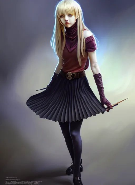 Image similar to portrait of a full body of beautiful young female detective, d & d, sleeveless turtleneck, pleated skirt, fantasy, flat lighting, intricate, highly detailed, digital painting, artstation, concept art, smooth, sharp focus, illustration, misa amane, art by simon bisley and greg rutkowski and alphonse mucha, natural tpose