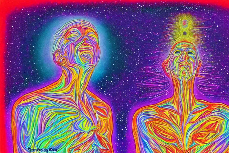 Image similar to digital art of a spiritual man looking up at the stars, glowing light, acrylic art, universe, painting, pastel colors, alex grey,