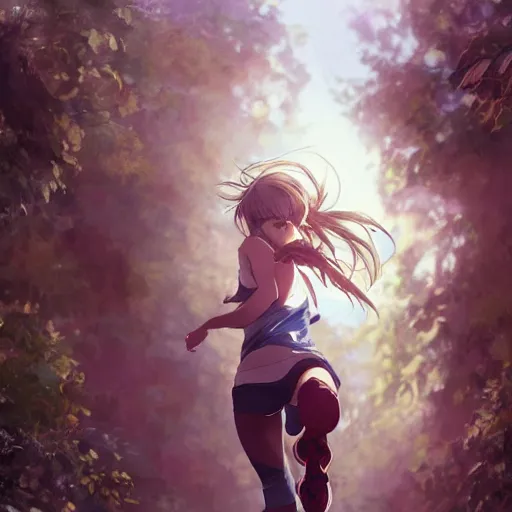 Image similar to a girl is running, sport clothing, anime style, long hair, hair down, symmetrical facial features, from arknights, hyper realistic, highly detailed, rule of thirds, extreme detail, detailed drawing, trending artstation, realistic lighting, black iris, by alphonse mucha, greg rutkowski, sharp focus, backlit, real faces, realistic anatomy