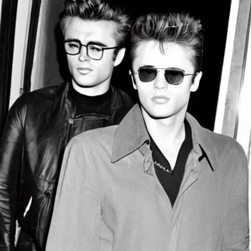 Image similar to james dean and elvis presley leaving a hotel together