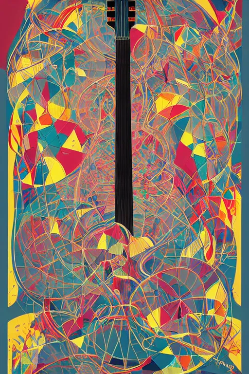 Image similar to Guitar, notes, architectures blend with organic shapes, Pop Surrealism, Essence of street forms, Geometric structures and multicolored prints, High Detail, Symmetry, Poster