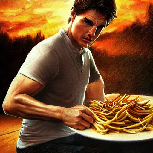 Prompt: tom cruise planting fries, digital art, highly - detailed, artstation cgsociety masterpiece