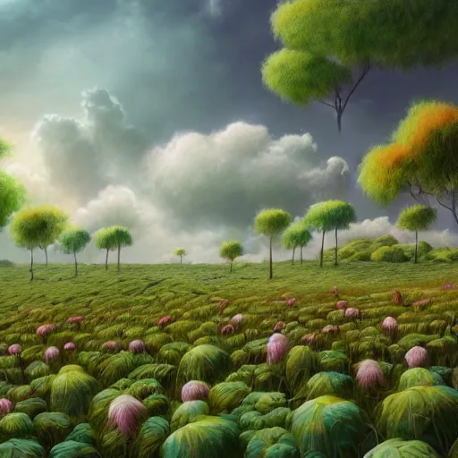 Image similar to a detailed matte painting of a field of cotton candy plants, cgsocidety, fantasy art