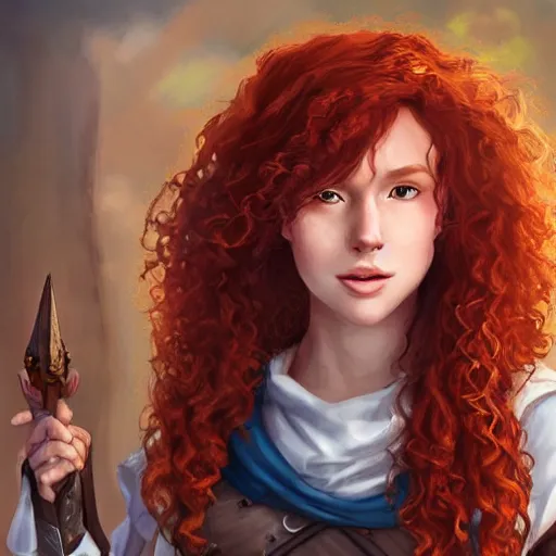 Image similar to a young woman with curly red hair, freckles, smart, portrait, shallan davar, blue eyes, smiling, thick hair, rpg, dnd, fantasy, artgerm style