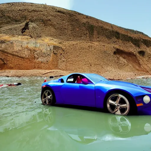 Prompt: professional high quality wide - angle image of a colorful sports car from the year 2 0 7 7. the car is badly damaged and crashed halfway headlong into the water at the stevedoring port. ( 2 0 7 7 kodachrome panavision ). the weather is very pretty. imax 7 0 mm, wide - angle.