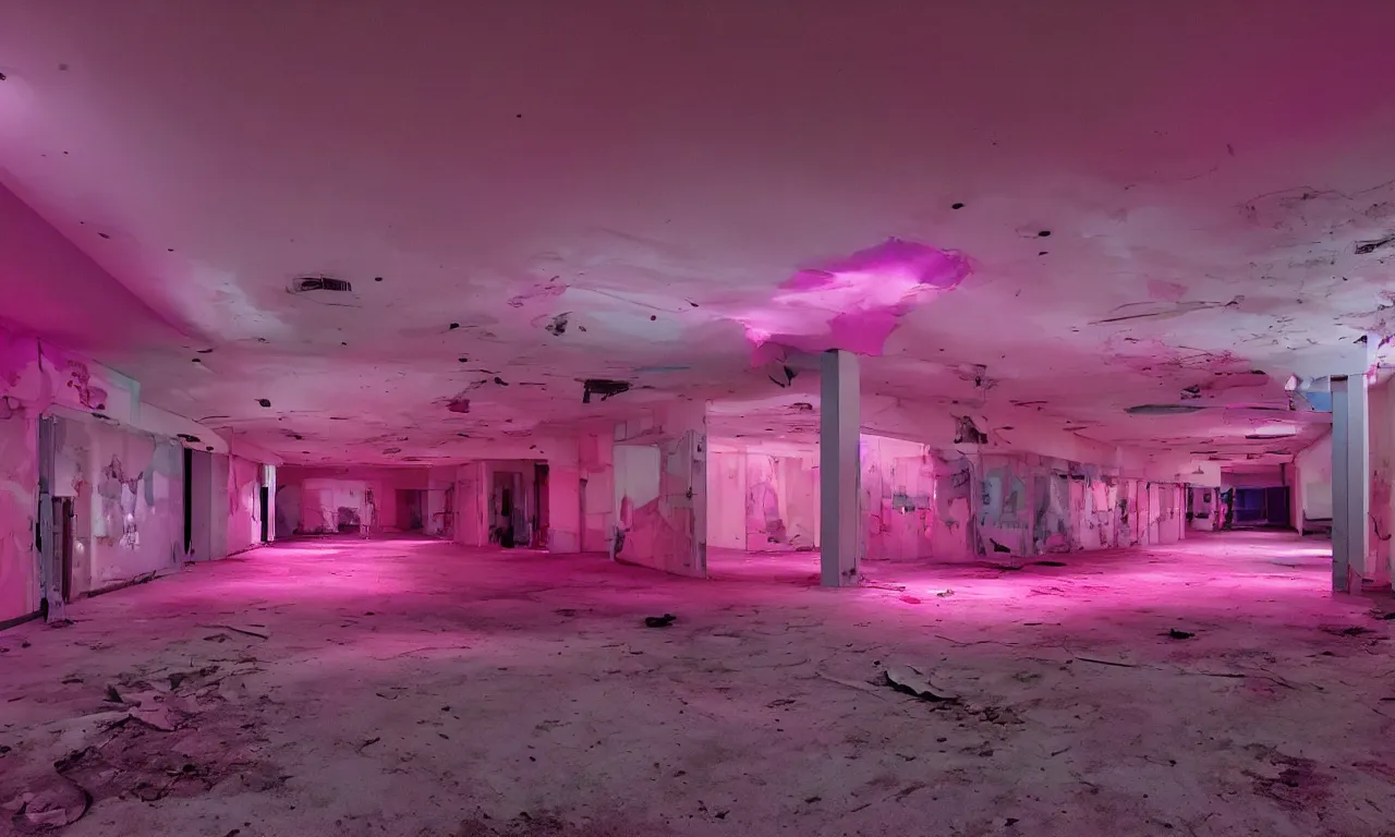 Prompt: backrooms abandoned mall, ominous neon pink and purple vaporwave lighting, moldy walls and shallow water, shadowy tall figures in the distance