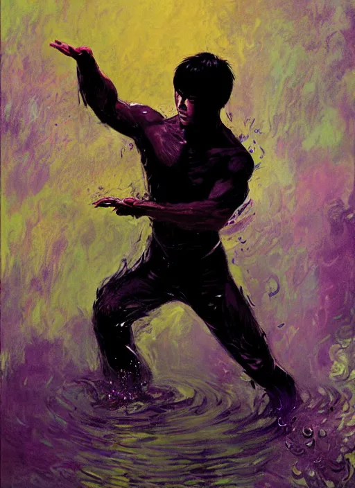 Image similar to bruce lee emerging from purple and black water by greg rutkowski, claude monet, conrad roset, takato yomamoto, rule of thirds, sigma look, beautiful