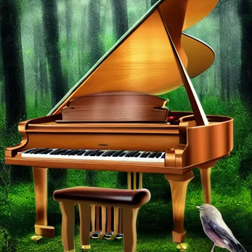 Image similar to grand piano in the middle of the forest, detailed, realistic, birds on the piano