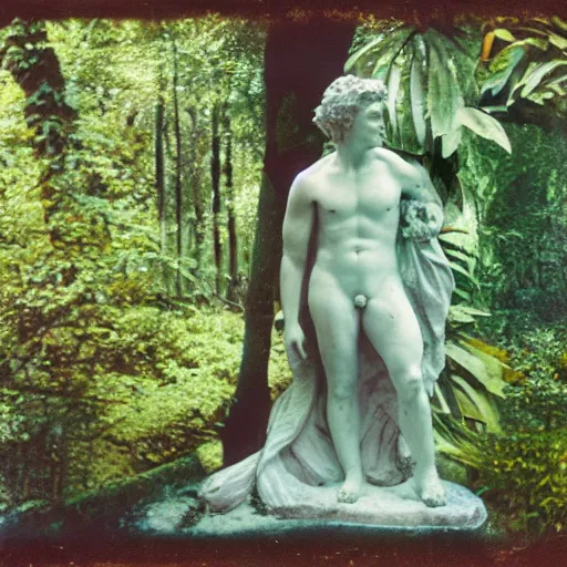 Prompt: a close-up color studio photo of an antic marble statue of Evgeniy Shwartz, surrounding by foliage, dreamy autochrome pinhole photography,