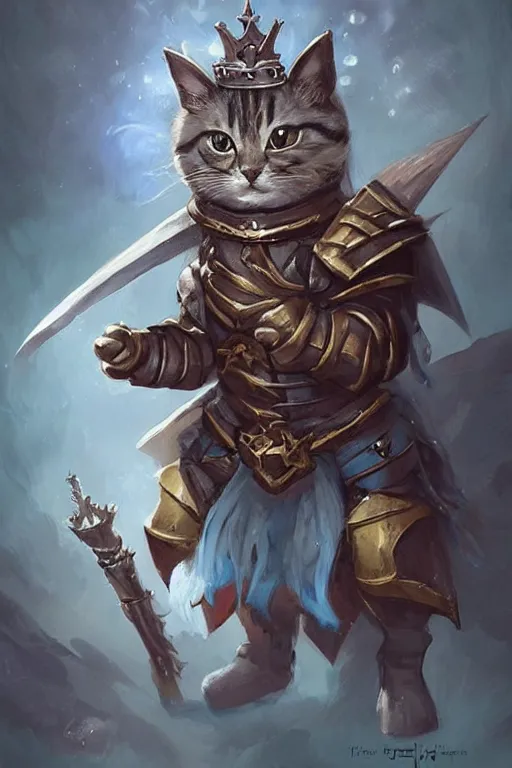 Image similar to cute little anthropomorphic cat knight wearing a cape and a crown, tiny, small, miniature cat , baby animal, short, pale blue armor, cute and adorable, pretty, beautiful, DnD character art portrait, matte fantasy painting, DeviantArt Artstation, by Jason Felix by Steve Argyle by Tyler Jacobson by Peter Mohrbacher, cinematic lighting