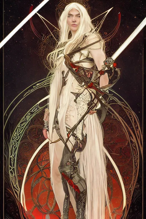 Image similar to tarot card, 4k HD digital full body portrait of Elric of Melibourne, long white hair, black paper, Long black sword with red glowing runes!, by Alphonse Mucha, Craig Mullins, Marc Simonetti, Artstation