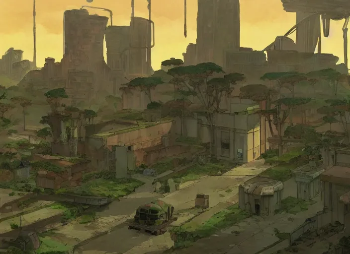 Image similar to a flower on the background of a ruined city, dieselpunk, by Studio Ghibli and Edward Hopper