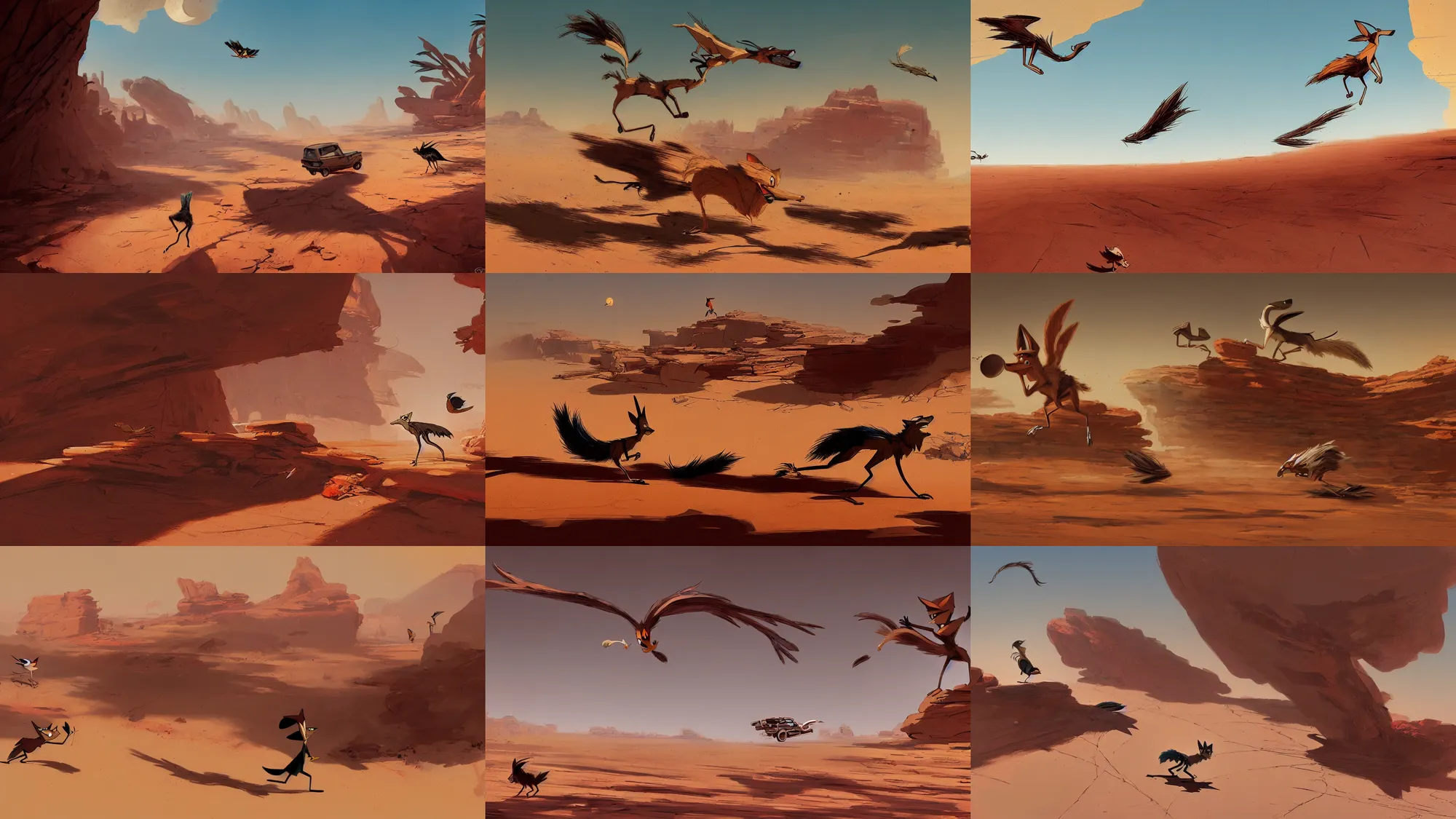 Prompt: wile e coyote chasing the roadrunner across the arizona desert, concept art by greg rutkowski