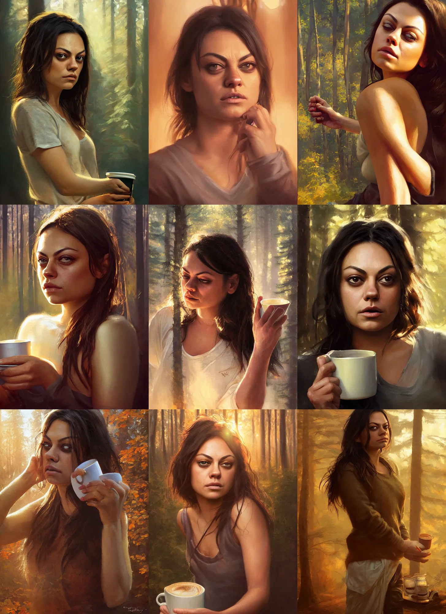 Image similar to close portrait of sleepy mila kunis waking up with coffee, dramatic light, morning golden hour, forest cabin background, 2 0 0 mm focal length, painted by stanley lau, painted by greg rutkowski, painted by stanley artgerm, digital art, trending on artstation