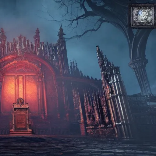 Prompt: a stunning ancient shrine in bloodborne that is radiating a malicious aura, screenshot from bloodborne, highly - detailed, professional work