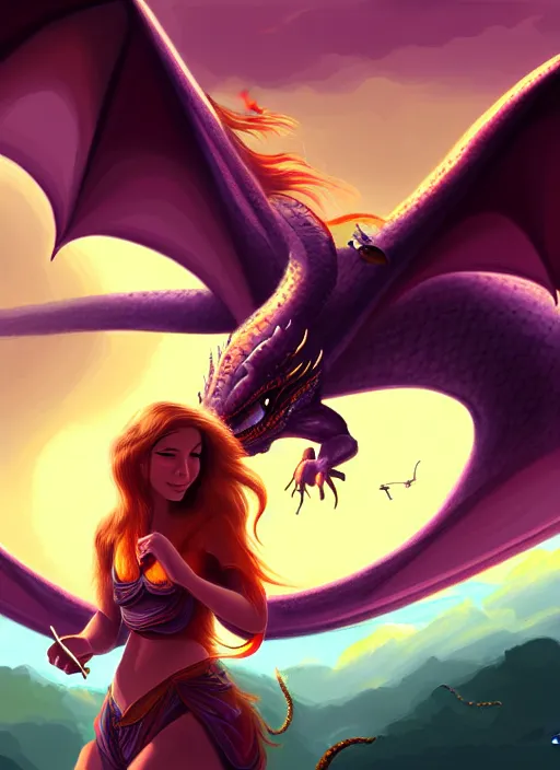 Image similar to painting of a girl flying on a dragon in a fantasy world, digital painting, hd, illustration, art by tokenin, trending