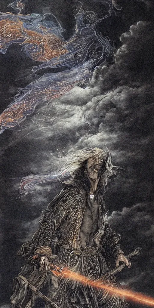 Image similar to a medieval peasant wizard casting a spell of flares and glimpses anamorphic in the night during a stormcloud with dramatic airbrushed clouds over black background by Luis royo and Yoshitaka Amano intricated flares airbrush fantasy 80s, realistic masterpiece