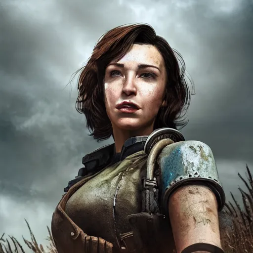 Image similar to fallout 5, charismatic beautiful rugged brunette female protagonist, portrait, outdoors in front of the entrance to vault 1 5 6, atmospheric lighting, painted, intricate, volumetric lighting, beautiful, daytime, sunny weather, slight overcast, sharp focus, deep colours, ultra detailed, by leesha hannigan, ross tran, thierry doizon, kai carpenter, ignacio fernandez rios