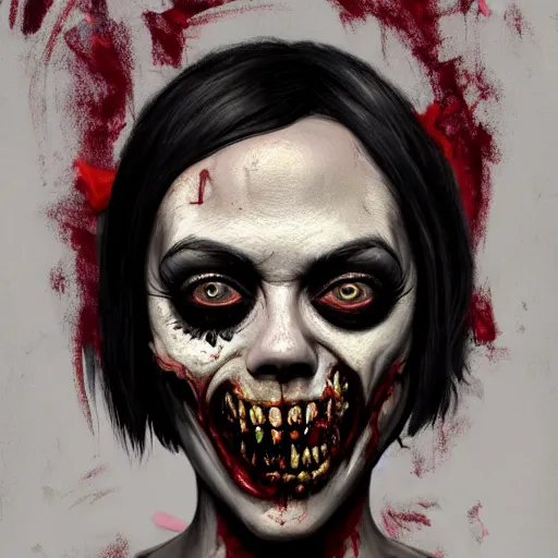 Prompt: color head portrait of aubrey plaza grinning as a zombie, 7 days to die zombie, gritty background, fine art, award winning, intricate, elegant, sharp focus, cinematic lighting, digital painting, 8 k concept art, art by michael hussar, art by brom, art by guweiz and z. w. gu, 8 k