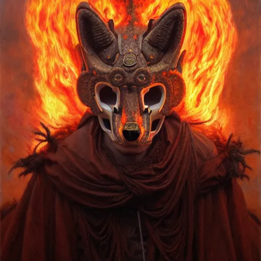 Prompt: ( ( ( ( ( hyperrealist distant portrait of a man wearing a skull fox mask in hell where it rains fire and smoke. ) ) ) ) ) by donato giancola, fantasy, photorealistic, octane render, unreal engine, dynamic lighting, trending on artstation, poster, volumetric lighting, very detailed faces, 4 k, award winning