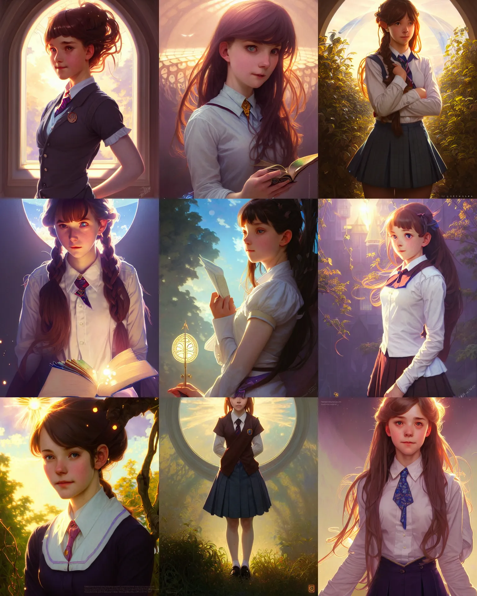 Prompt: portrait of an innocent lost college girl, magic school uniform, fantasy building, intricate, sharp focus, lens flare, bloom, rim light, illustration, highly detailed, digital painting, concept art, matte, art by wlop and artgerm and greg rutkowski and alphonse mucha, masterpiece